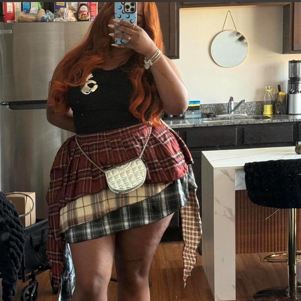 SHEIN Red, Black & Cream Asymmetrical Plaid Layered Mini Skirt